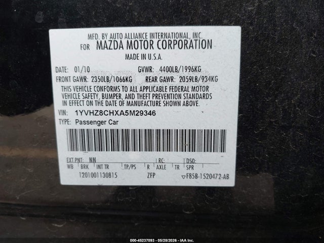 Aukcja sprzedaży 2010 Mazda Mazda6 I Touring, vin: 1YVHZ8CHXA5M29346, numer aukcji: 45237093