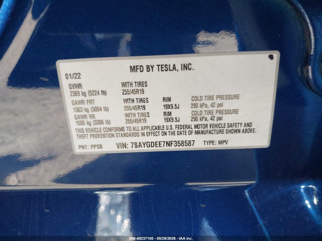 2022 Tesla Model Y Long Range Dual Motor All-wheel Drive მანქანა იყიდება აუქციონზე, vin: 7SAYGDEE7NF358587, აუქციონის ნომერი: 45237100