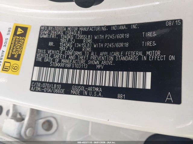 Aukcja sprzedaży 2015 Toyota Highlander Xle V6, vin: 5TDKKRFH8FS103113, numer aukcji: 45237110
