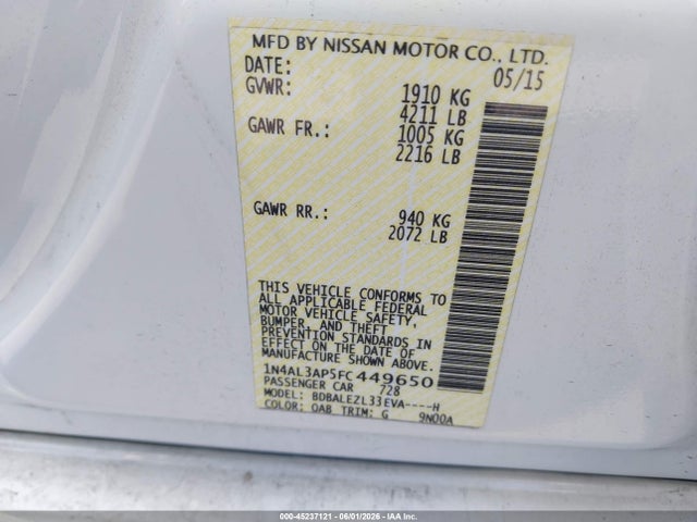 Nissan Altima 2.5 S 2015 1N4AL3AP5FC449650 Image 9
