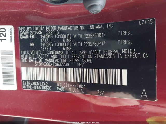 Продажа на аукционе авто 2015 Toyota Sienna Xle Premium 8 Passenger, vin: 5TDYK3DC4FS637739, номер лота: 45237126