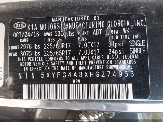 Aukcja sprzedaży 2017 Kia Sorento 2.4l Lx, vin: 5XYPG4A3XHG274953, numer aukcji: 45237141
