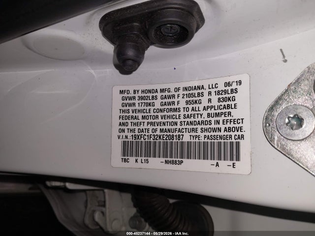 2019 Honda Civic Ex მანქანა იყიდება აუქციონზე, vin: 19XFC1F32KE208187, აუქციონის ნომერი: 45237144