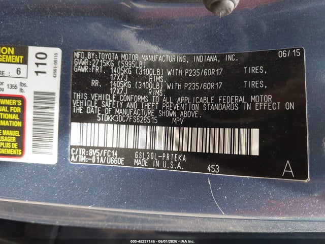 Aukcja sprzedaży 2015 Toyota Sienna Le 8 Passenger, vin: 5TDKK3DC7FS626515, numer aukcji: 45237146