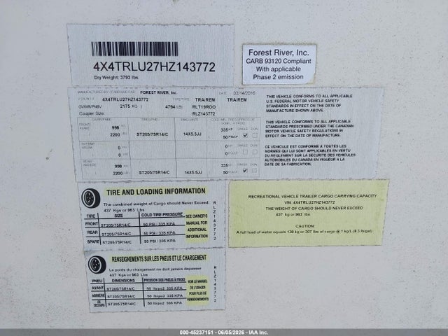 Продажа на аукционе авто 2017 Forest River Other, vin: 4X4TRLU27HZ143772, номер лота: 45237151