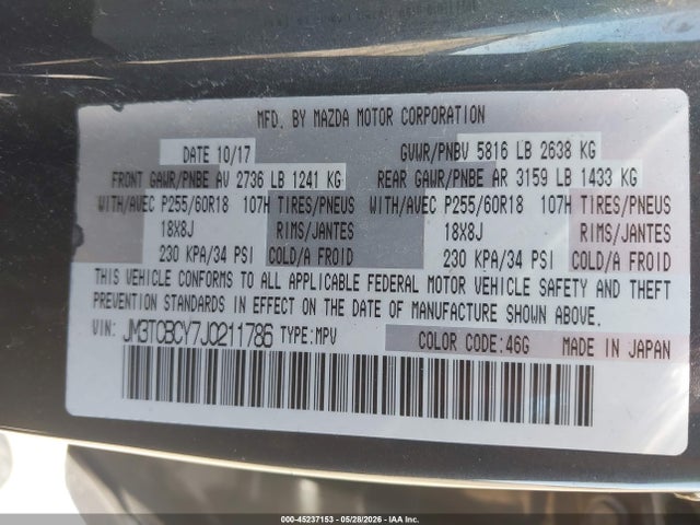 Aukcja sprzedaży 2018 Mazda Cx-9 Touring, vin: JM3TCBCY7J0211786, numer aukcji: 45237153