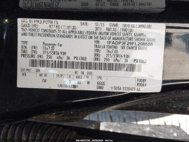 2015 Ford Focus Se მანქანა იყიდება აუქციონზე, vin: 1FADP3F29FL208656, აუქციონის ნომერი: 45237158