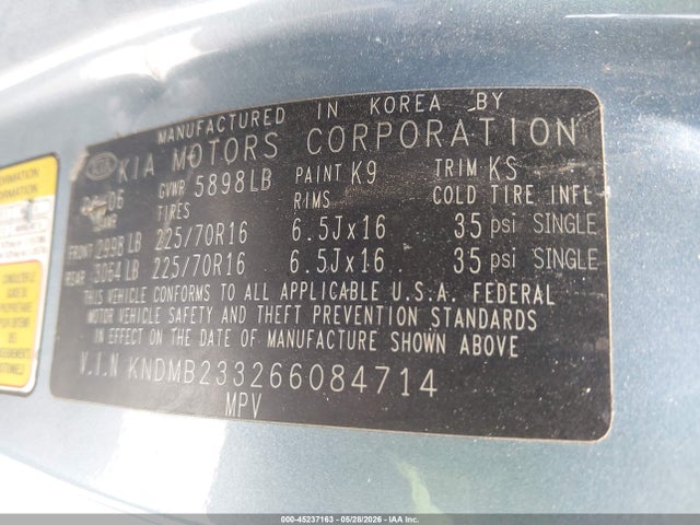 45237163 :رقم المزاد ، KNDMB233266084714 vin ، 2006 Kia Sedona Ex/lx مزاد بيع