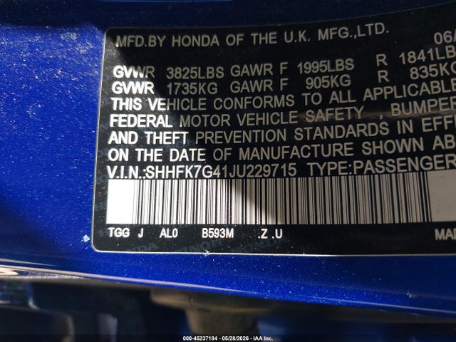 Продаж на аукціоні авто 2018 Honda Civic Sport, vin: SHHFK7G41JU229715, номер лоту: 45237184