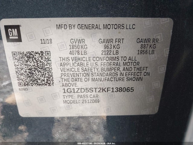 Продажа на аукционе авто 2019 Chevrolet Malibu Lt, vin: 1G1ZD5ST2KF138065, номер лота: 45237190