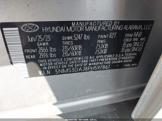 Auction sale of the 2023 Hyundai Santa Fe Sel, vin: 5NMS3DAJ8PH597861, lot number: 45237222