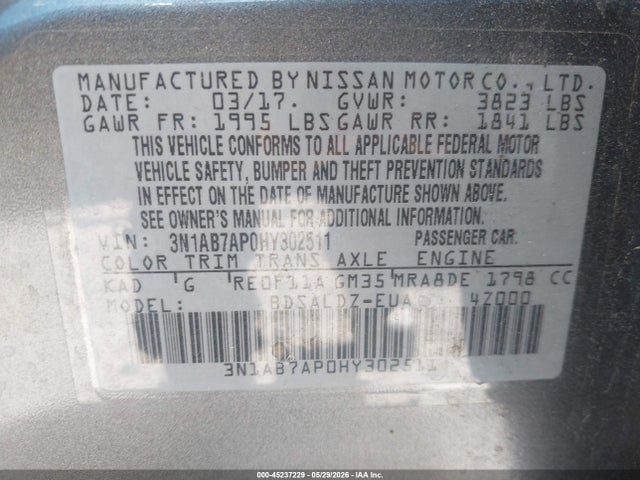 2017 Nissan Sentra Sv მანქანა იყიდება აუქციონზე, vin: 3N1AB7AP0HY302511, აუქციონის ნომერი: 45237229