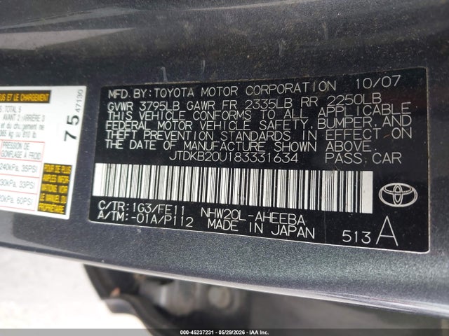 Aukcja sprzedaży 2008 Toyota Prius, vin: JTDKB20U183331634, numer aukcji: 45237231
