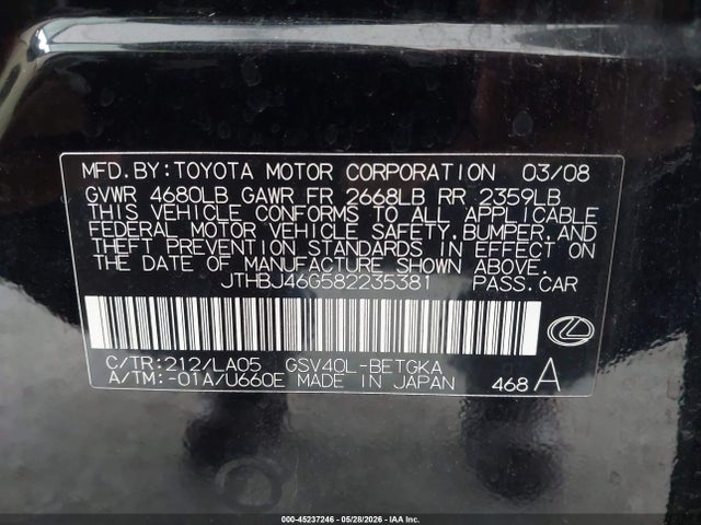Aukcja sprzedaży 2008 Lexus Es 350, vin: JTHBJ46G582235381, numer aukcji: 45237246