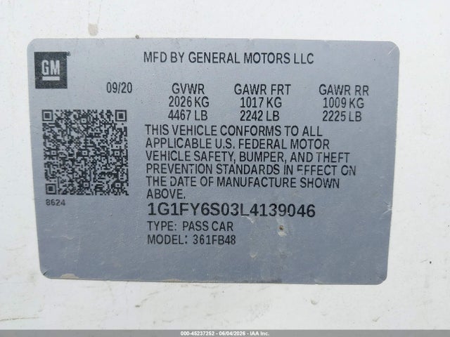 2020 Chevrolet Bolt Ev Fwd Lt მანქანა იყიდება აუქციონზე, vin: 1G1FY6S03L4139046, აუქციონის ნომერი: 45237252