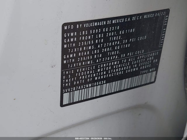Продаж на аукціоні авто 2022 Volkswagen Tiguan 2.0t Se, vin: 3VV2B7AX2NM105636, номер лоту: 45237254