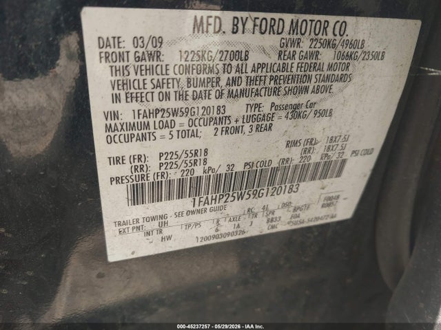 Aukcja sprzedaży 2009 Ford Taurus Limited, vin: 1FAHP25W59G120183, numer aukcji: 45237257
