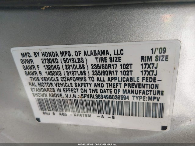 Aukcja sprzedaży 2009 Honda Odyssey Touring, vin: 5FNRL38949B039594, numer aukcji: 45237263