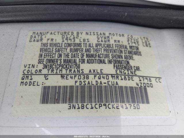 Aukcja sprzedaży 2012 Nissan Versa 1.8 S, vin: 3N1BC1CP9CK241750, numer aukcji: 45237275
