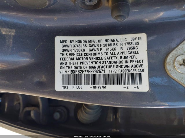 2015 Honda Civic Se მანქანა იყიდება აუქციონზე, vin: 19XFB2F77FE292671, აუქციონის ნომერი: 45237277