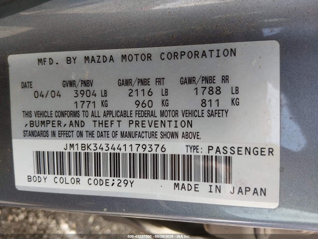 Aukcja sprzedaży 2004 Mazda Mazda3 S, vin: JM1BK343441179376, numer aukcji: 45237300
