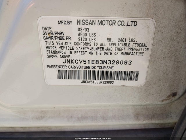 45237306 :رقم المزاد ، JNKCV51E83M329093 vin ، 2003 Infiniti G35 Luxury Leather مزاد بيع