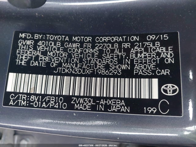 Продаж на аукціоні авто 2015 Toyota Prius Two, vin: JTDKN3DUXF1986293, номер лоту: 45237308