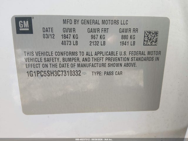 45237312 :رقم المزاد ، 1G1PC5SH3C7310332 vin ، 2012 Chevrolet Cruze Ls مزاد بيع