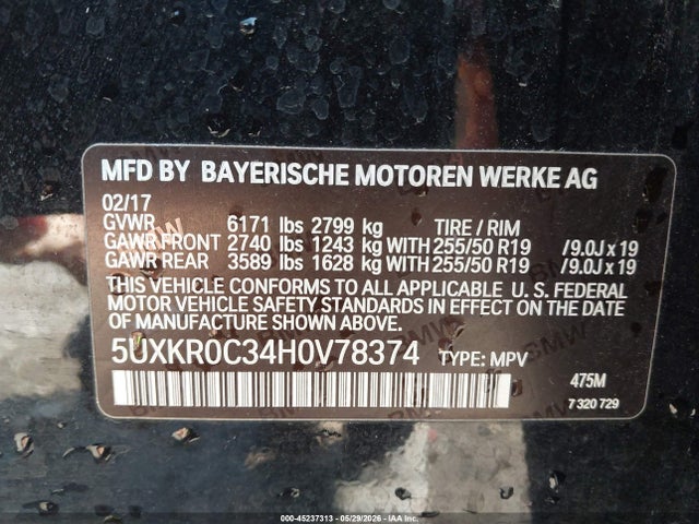 Aukcja sprzedaży 2017 Bmw X5 Xdrive35i, vin: 5UXKR0C34H0V78374, numer aukcji: 45237313