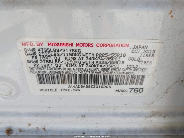 45237321 :رقم المزاد ، JA4AD3A38EZ016205 vin ، 2014 Mitsubishi Outlander Se مزاد بيع