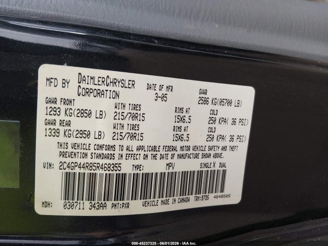 Продаж на аукціоні авто 2005 Chrysler Town & Country Lx, vin: 2C4GP44R85R468355, номер лоту: 45237325