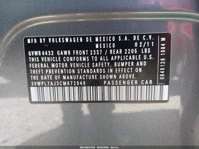 Aukcja sprzedaży 2012 Volkswagen Jetta Sportwagen 2.0l Tdi, vin: 3VWPL7AJ3CM672946, numer aukcji: 45237329