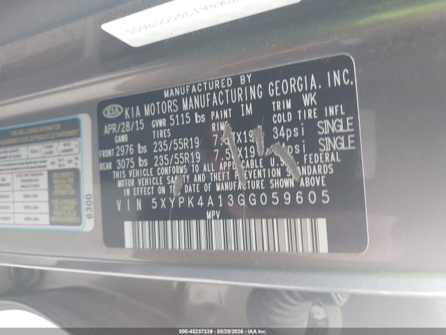 Aukcja sprzedaży 2016 Kia Sorento 2.0t Sxl, vin: 5XYPK4A13GG059605, numer aukcji: 45237339