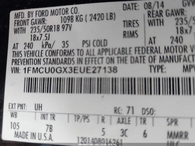 45237344 :رقم المزاد ، 1FMCU0GX3EUE27138 vin ، 2014 Ford Escape Se مزاد بيع