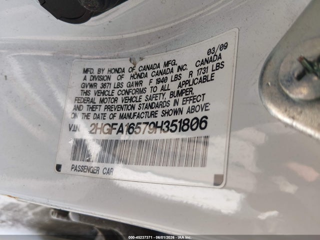 45237371 :رقم المزاد ، 2HGFA16579H351806 vin ، 2009 Honda Civic Lx مزاد بيع