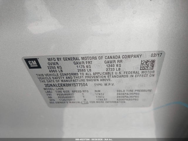 Chevrolet EQUINOX LT 2017 2GNALCEK8H1577504 Image 9