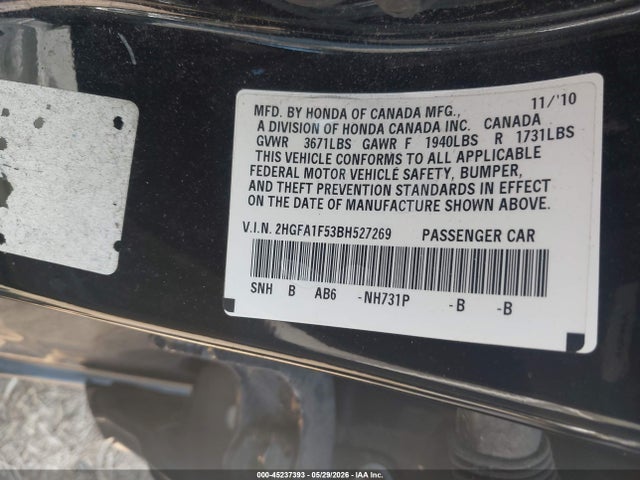 Aukcja sprzedaży 2011 Honda Civic Lx, vin: 2HGFA1F53BH527269, numer aukcji: 45237393