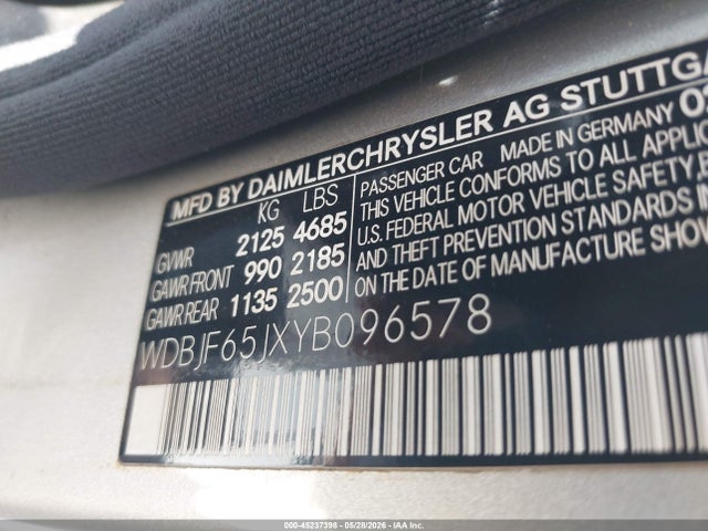 Aukcja sprzedaży 2000 Mercedes-benz E 320, vin: WDBJF65JXYB096578, numer aukcji: 45237398