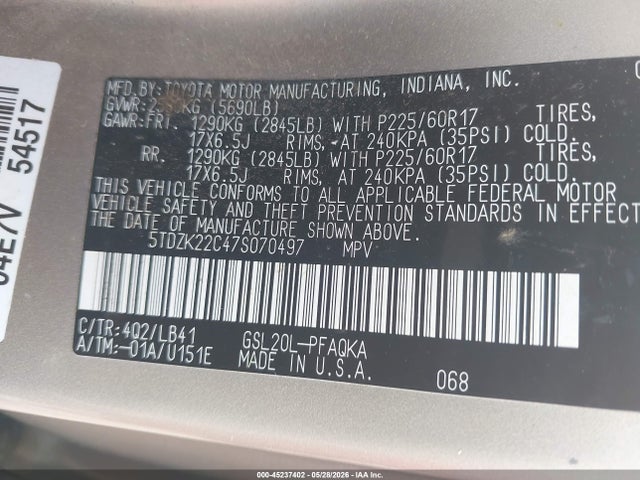 2007 Toyota Sienna Xle Limited მანქანა იყიდება აუქციონზე, vin: 5TDZK22C47S070497, აუქციონის ნომერი: 45237402