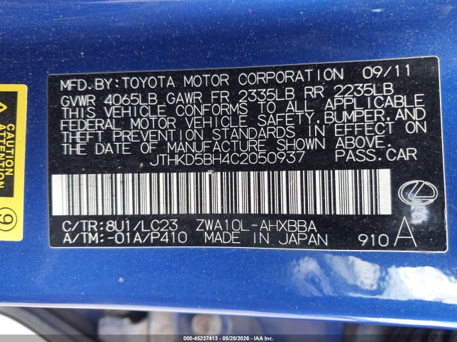 Aukcja sprzedaży 2012 Lexus Ct 200h Premium, vin: JTHKD5BH4C2050937, numer aukcji: 45237413