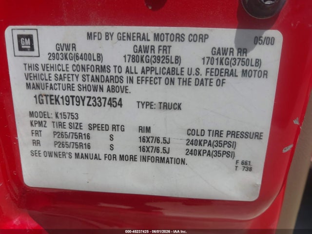 Продажа на аукционе авто 2000 Gmc Sierra 1500 Sle, vin: 1GTEK19T9YZ337454, номер лота: 45237425