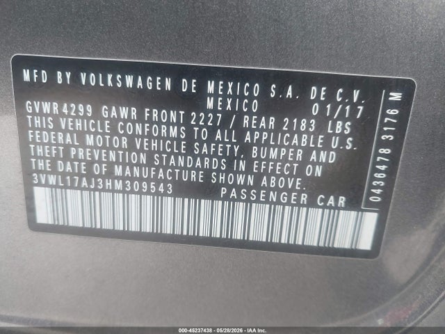Продаж на аукціоні авто 2017 Volkswagen Jetta 1.8t Sel/1.8t Sel Premium, vin: 3VWL17AJ3HM309543, номер лоту: 45237438