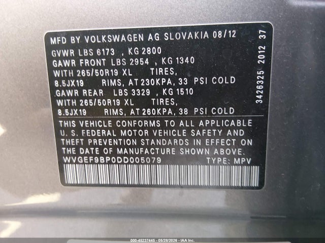 Aukcja sprzedaży 2013 Volkswagen Touareg Vr6 Lux, vin: WVGEF9BP0DD005079, numer aukcji: 45237445
