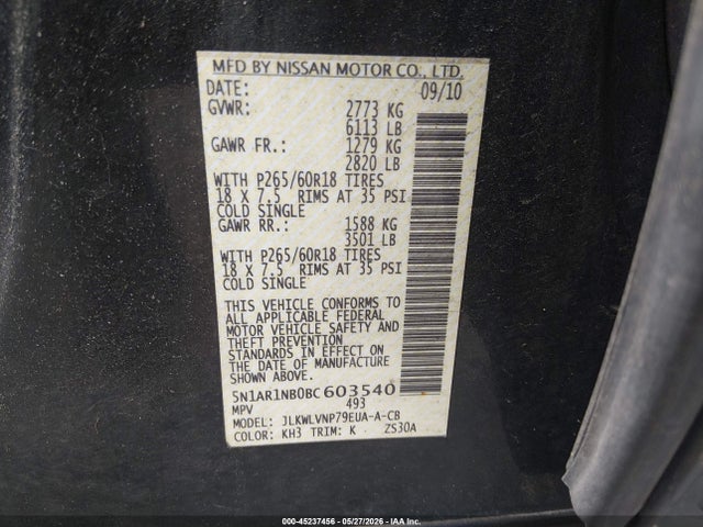 45237456 :رقم المزاد ، 5N1AR1NB0BC603540 vin ، 2011 Nissan Pathfinder Le مزاد بيع