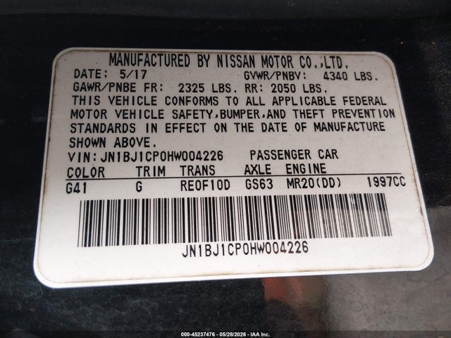 45237476 :رقم المزاد ، JN1BJ1CP0HW004226 vin ، 2017 Nissan Rogue Sport Sv مزاد بيع