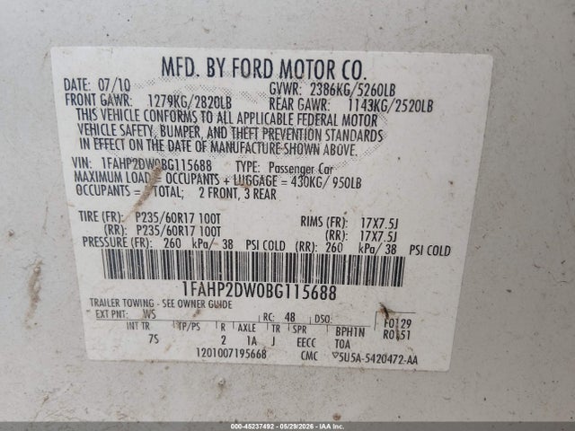 Продаж на аукціоні авто 2011 Ford Taurus Se, vin: 1FAHP2DW0BG115688, номер лоту: 45237492