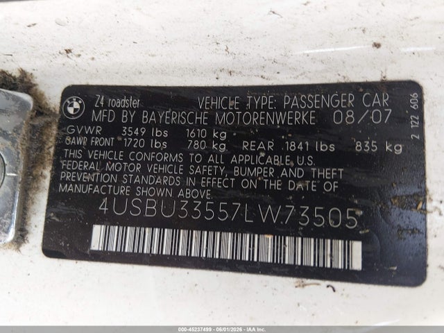 Aukcja sprzedaży 2007 Bmw Z4 3.0i, vin: 4USBU33557LW73505, numer aukcji: 45237499