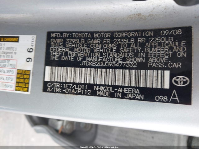 Продаж на аукціоні авто 2009 Toyota Prius Touring, vin: JTDKB20U093477332, номер лоту: 45237507