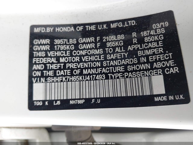 Honda CIVIC EX 2019 SHHFK7H65KU417493 Image 9