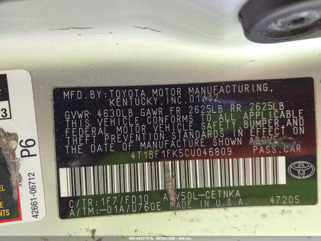 45237516 :رقم المزاد ، 4T1BF1FK5CU046809 vin ، 2012 Toyota Camry Le مزاد بيع